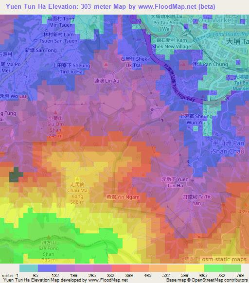 Yuen Tun Ha,Hong Kong Elevation Map