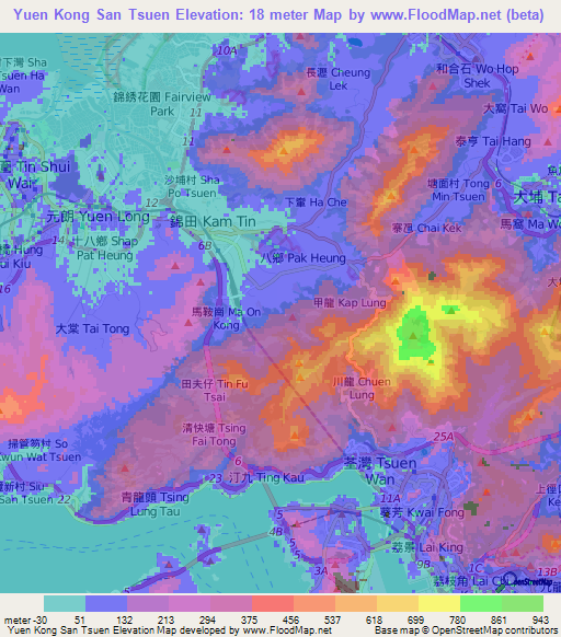 Yuen Kong San Tsuen,Hong Kong Elevation Map