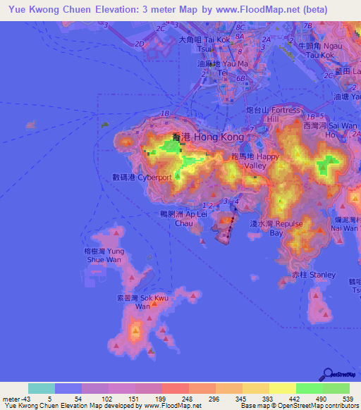 Yue Kwong Chuen,Hong Kong Elevation Map