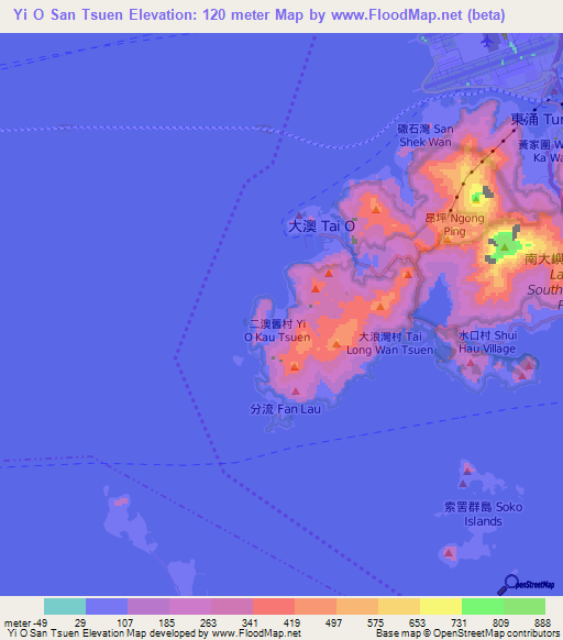 Yi O San Tsuen,Hong Kong Elevation Map