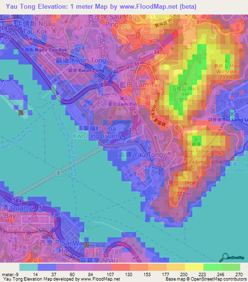 Yau Tong,Hong Kong Elevation Map