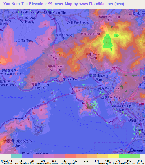Yau Kom Tau,Hong Kong Elevation Map