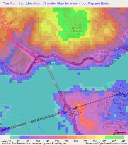 Yau Kom Tau,Hong Kong Elevation Map