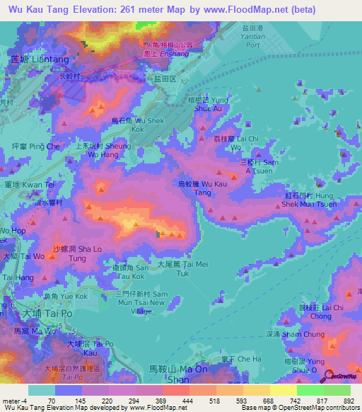 Wu Kau Tang,Hong Kong Elevation Map