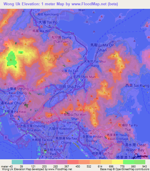 Wong Uk,Hong Kong Elevation Map