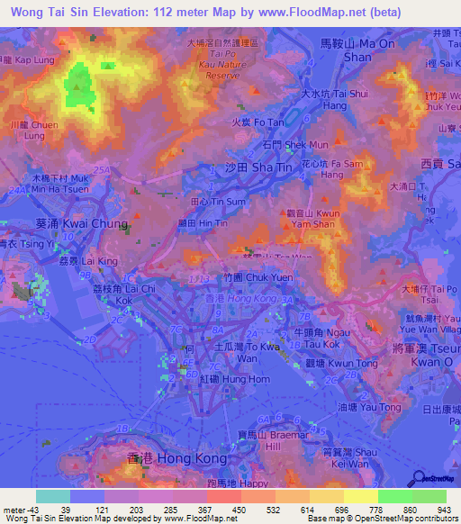 Wong Tai Sin,Hong Kong Elevation Map