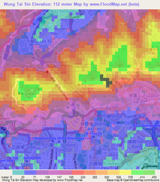 Wong Tai Sin,Hong Kong Elevation Map