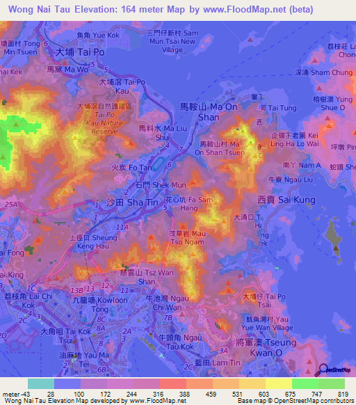 Wong Nai Tau,Hong Kong Elevation Map