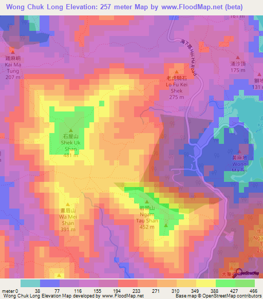 Wong Chuk Long,Hong Kong Elevation Map