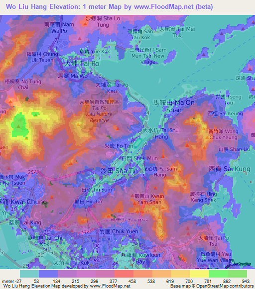 Wo Liu Hang,Hong Kong Elevation Map