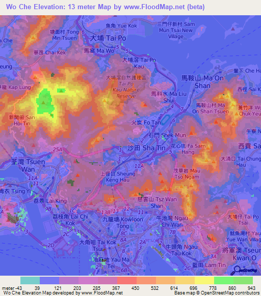 Wo Che,Hong Kong Elevation Map