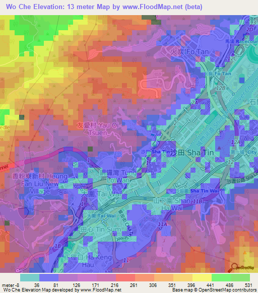 Wo Che,Hong Kong Elevation Map