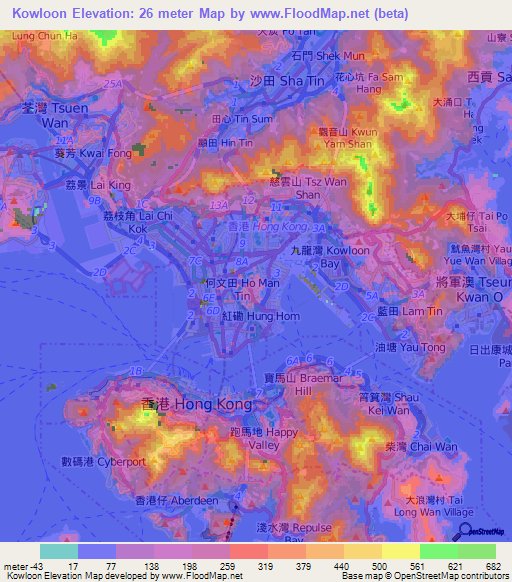 Elevation of Kowloon,Hong Kong Elevation Map, Topography, Contour