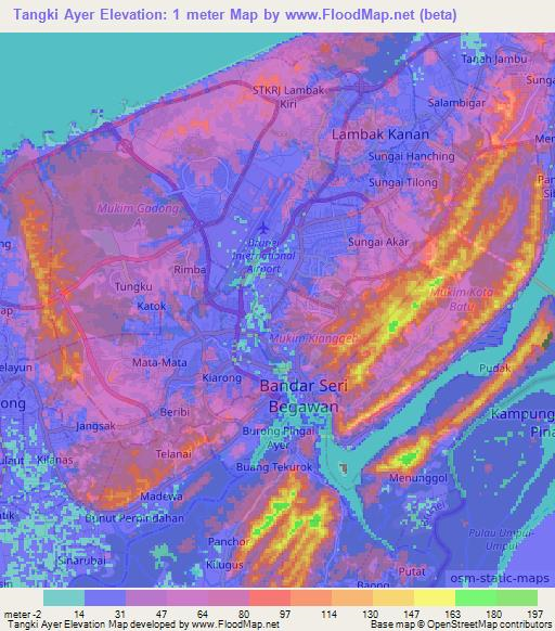 Tangki Ayer,Brunei Elevation Map