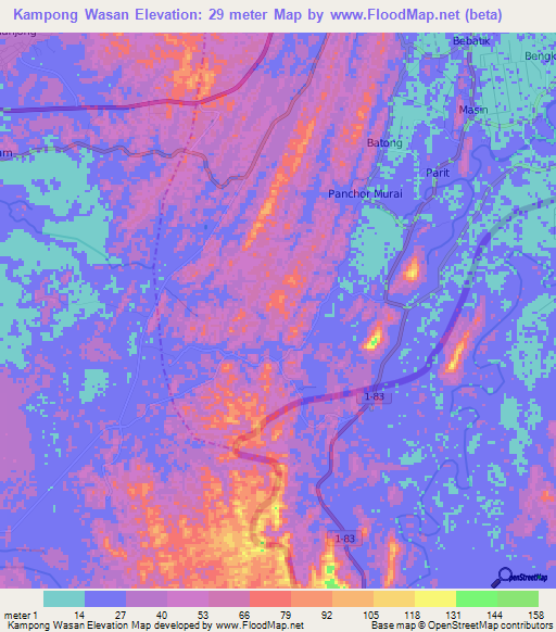 Kampong Wasan,Brunei Elevation Map