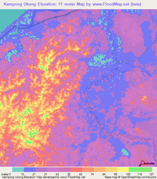 Kampong Ukong,Brunei Elevation Map