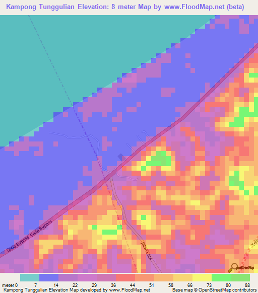 Kampong Tunggulian,Brunei Elevation Map
