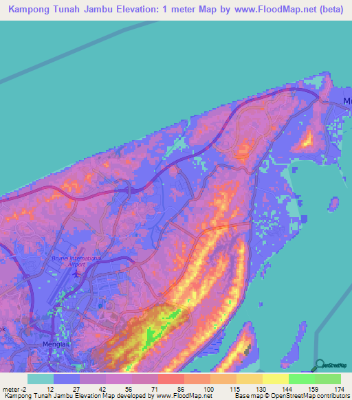 Kampong Tunah Jambu,Brunei Elevation Map