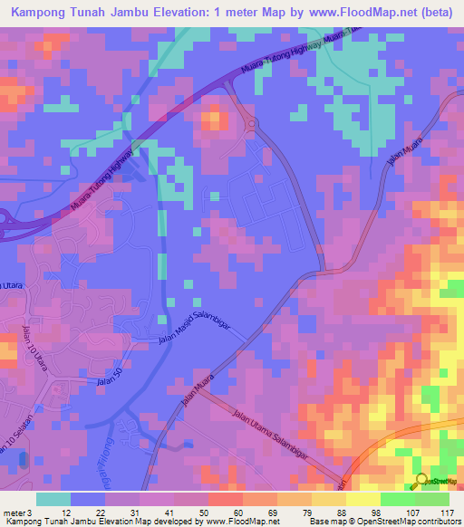 Kampong Tunah Jambu,Brunei Elevation Map