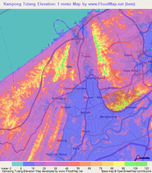 Kampong Tulang,Brunei Elevation Map