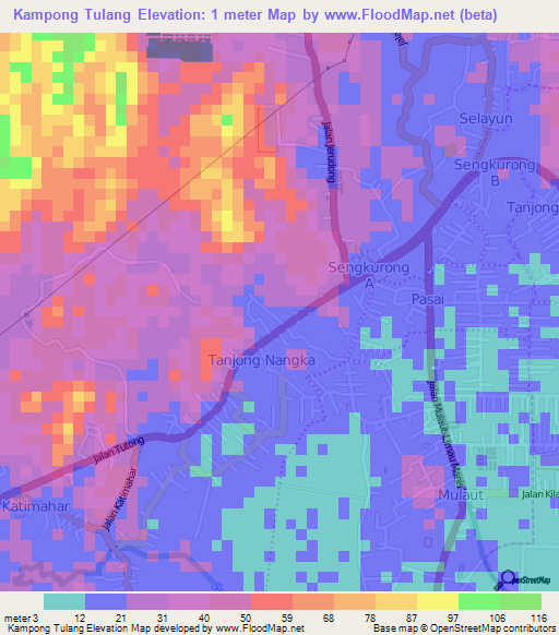 Kampong Tulang,Brunei Elevation Map
