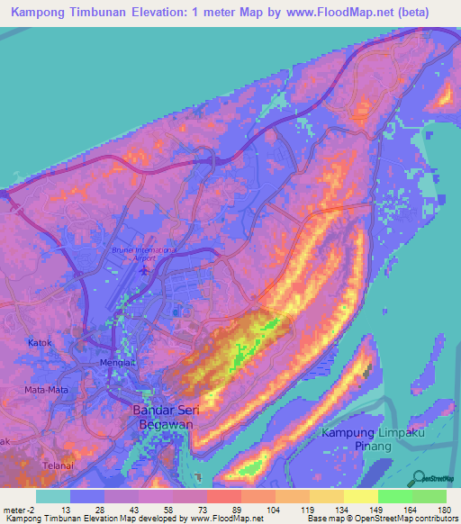 Kampong Timbunan,Brunei Elevation Map