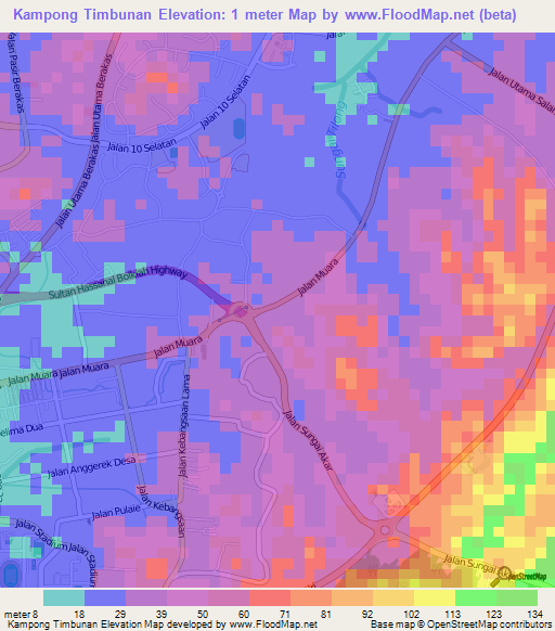 Kampong Timbunan,Brunei Elevation Map