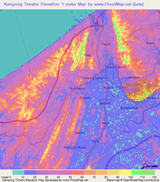 Kampong Timahu,Brunei Elevation Map