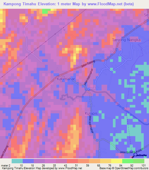 Kampong Timahu,Brunei Elevation Map