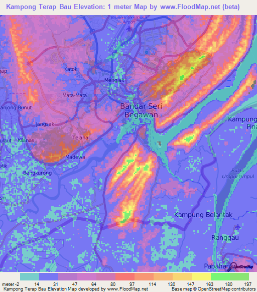 Kampong Terap Bau,Brunei Elevation Map
