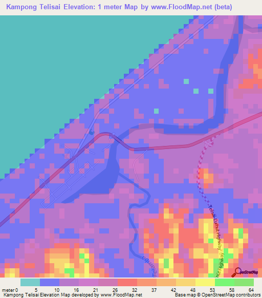 Kampong Telisai,Brunei Elevation Map