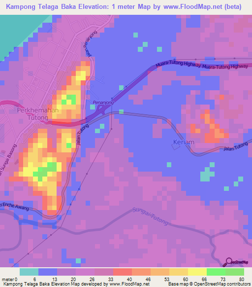 Kampong Telaga Baka,Brunei Elevation Map