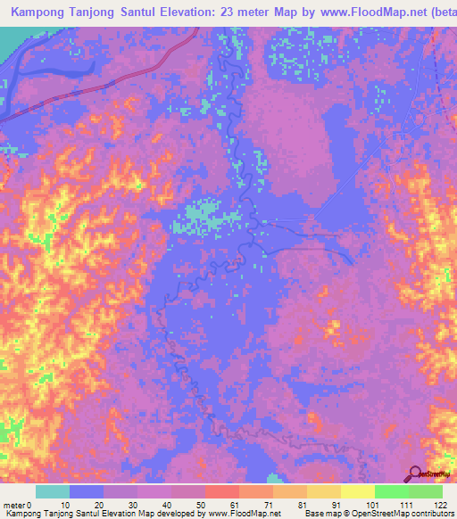 Kampong Tanjong Santul,Brunei Elevation Map