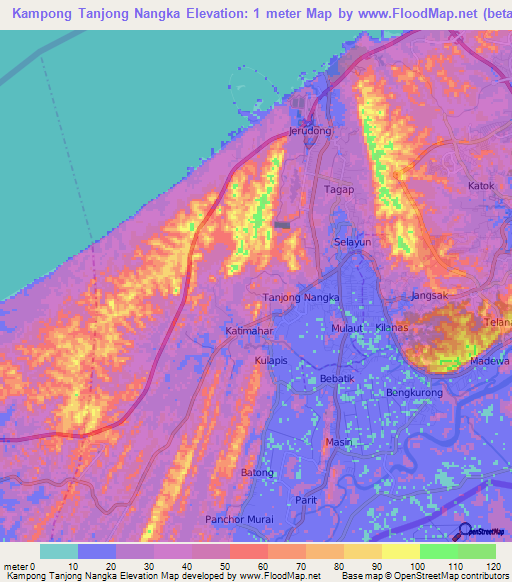 Kampong Tanjong Nangka,Brunei Elevation Map