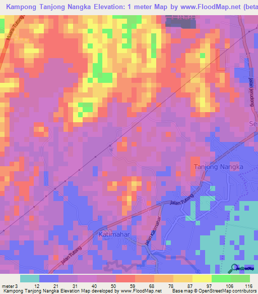 Kampong Tanjong Nangka,Brunei Elevation Map