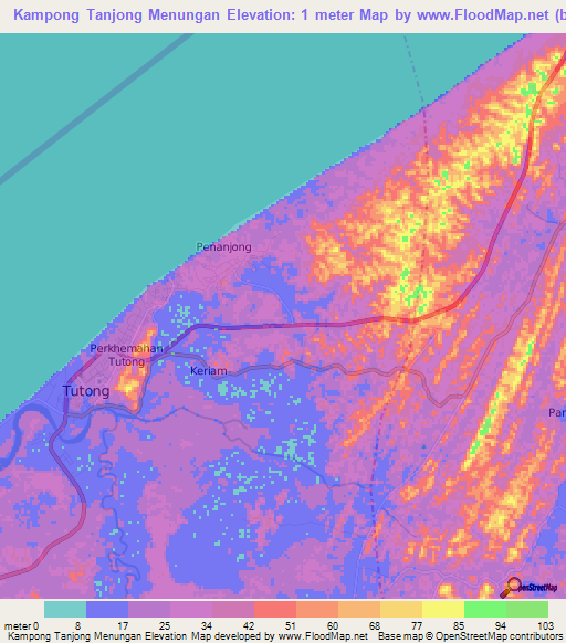 Kampong Tanjong Menungan,Brunei Elevation Map