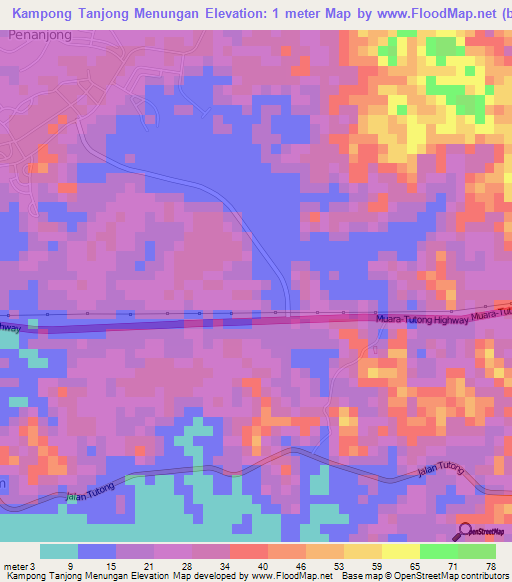 Kampong Tanjong Menungan,Brunei Elevation Map