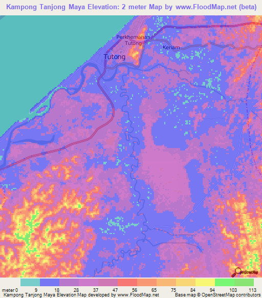 Kampong Tanjong Maya,Brunei Elevation Map