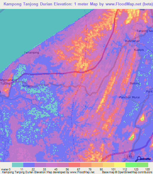 Kampong Tanjong Durian,Brunei Elevation Map
