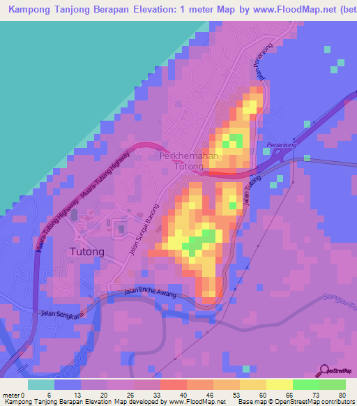 Kampong Tanjong Berapan,Brunei Elevation Map