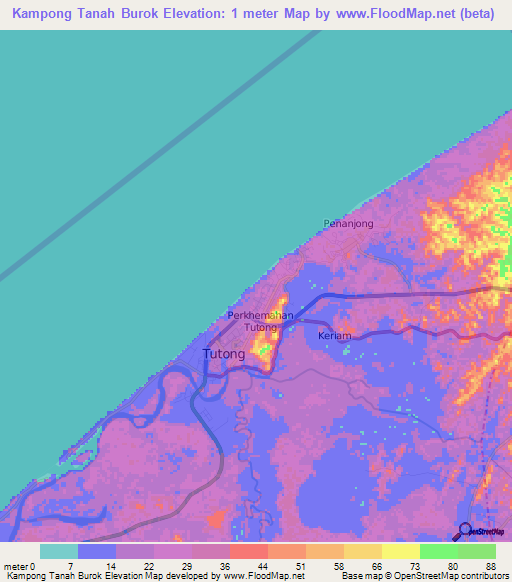 Kampong Tanah Burok,Brunei Elevation Map