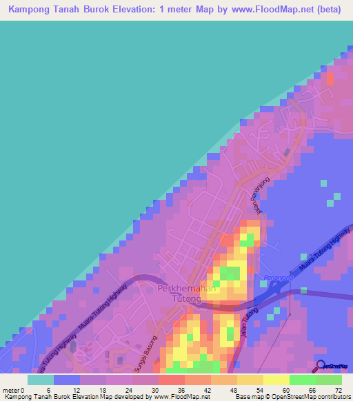 Kampong Tanah Burok,Brunei Elevation Map