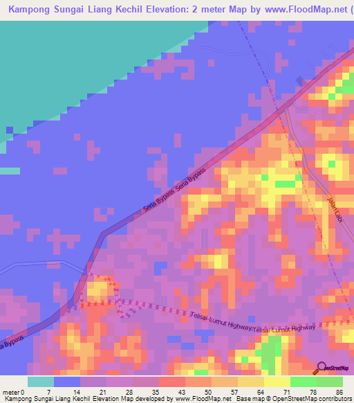 Kampong Sungai Liang Kechil,Brunei Elevation Map