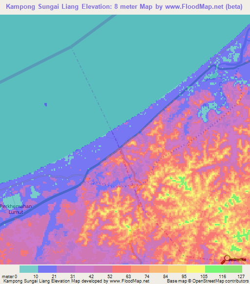 Kampong Sungai Liang,Brunei Elevation Map