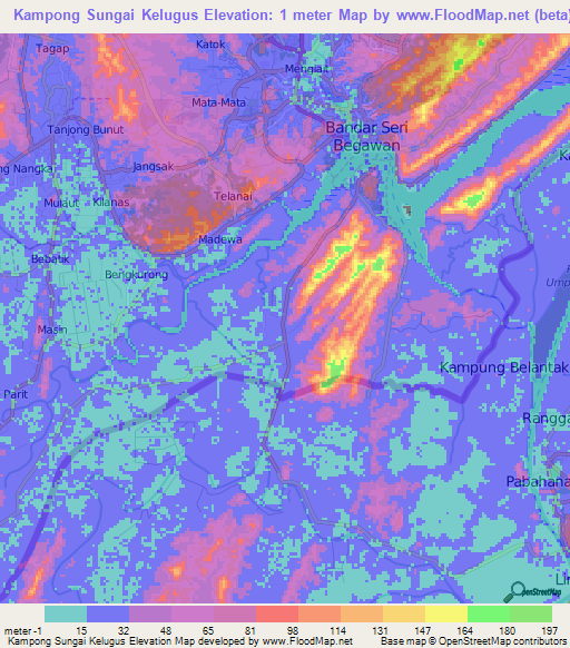 Kampong Sungai Kelugus,Brunei Elevation Map