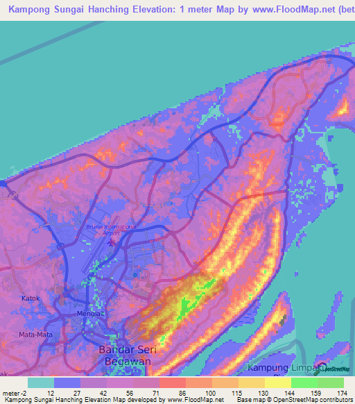 Kampong Sungai Hanching,Brunei Elevation Map
