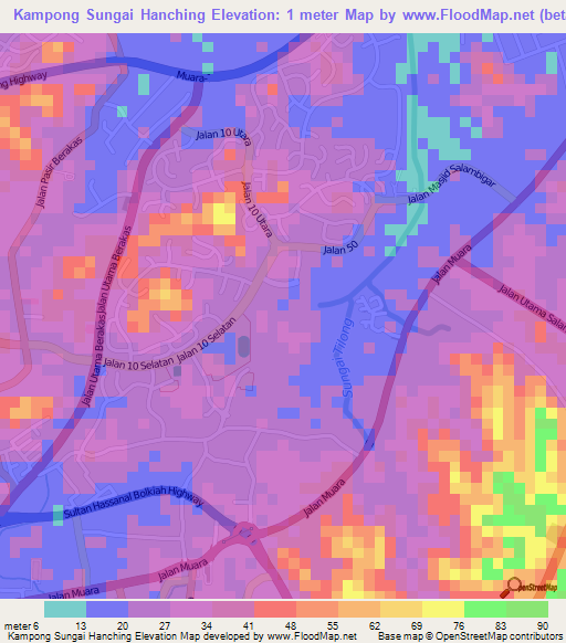 Kampong Sungai Hanching,Brunei Elevation Map