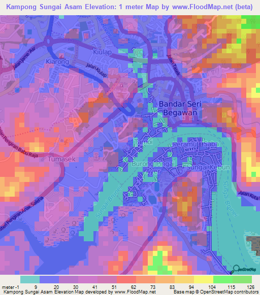 Kampong Sungai Asam,Brunei Elevation Map