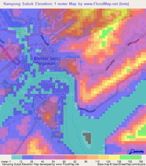 Kampong Subok,Brunei Elevation Map