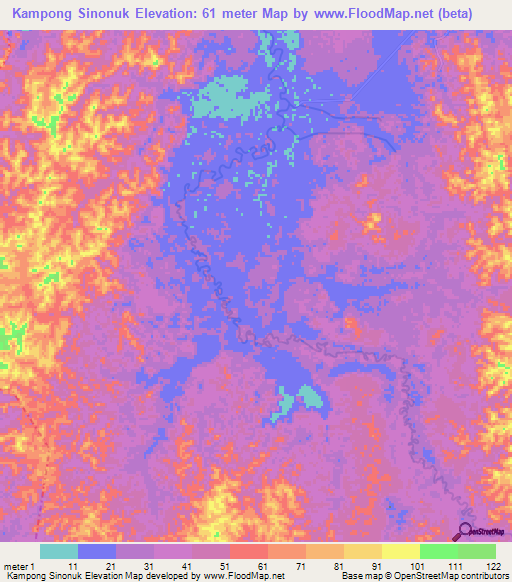Kampong Sinonuk,Brunei Elevation Map